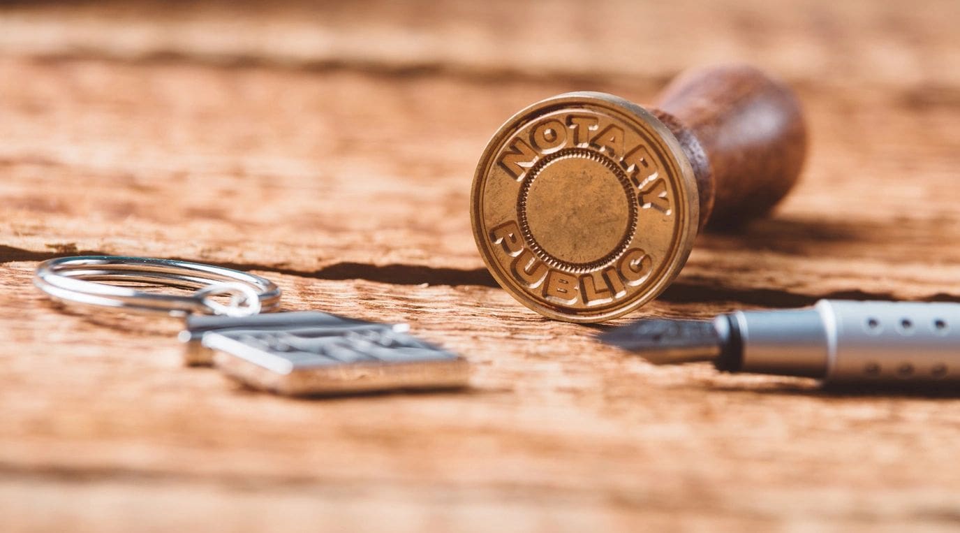 A rubber stamp and a pen on a wooden table.